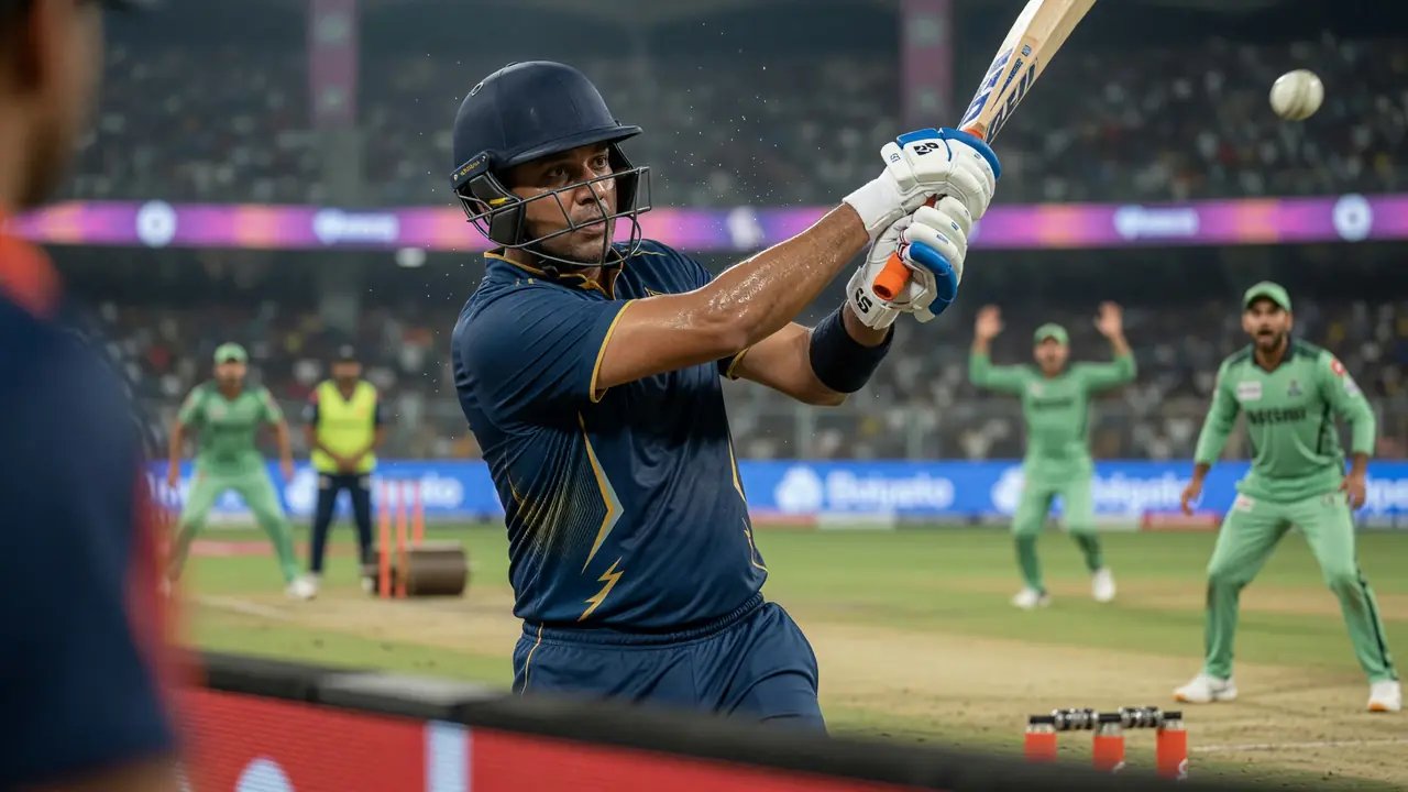 Cricket batter completing a powerful shot toward the boundary under stadium lights with the bowler in the background