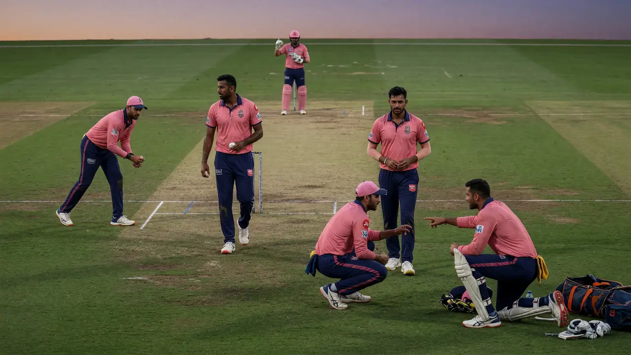 Medium shot of fielders adjusting positions on a cricket ground with cones and a batter waiting near the pitch